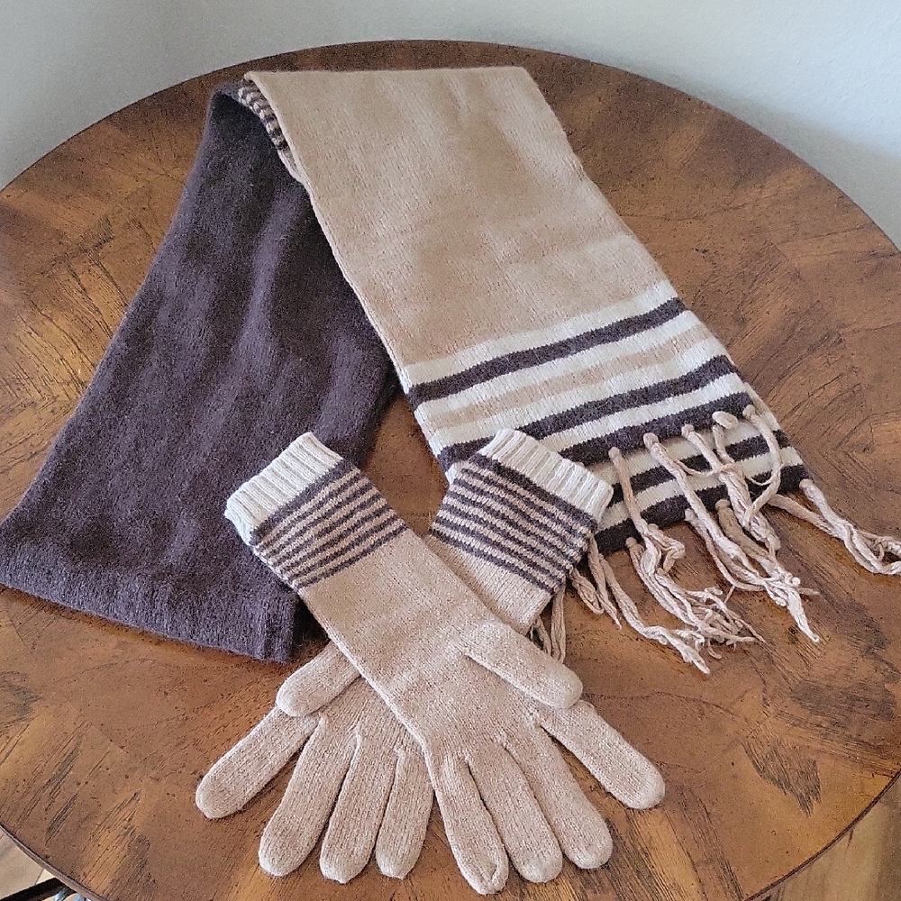MERONA 62" Scarf and gloves set, Brown/Beige, Excellent Used Condition